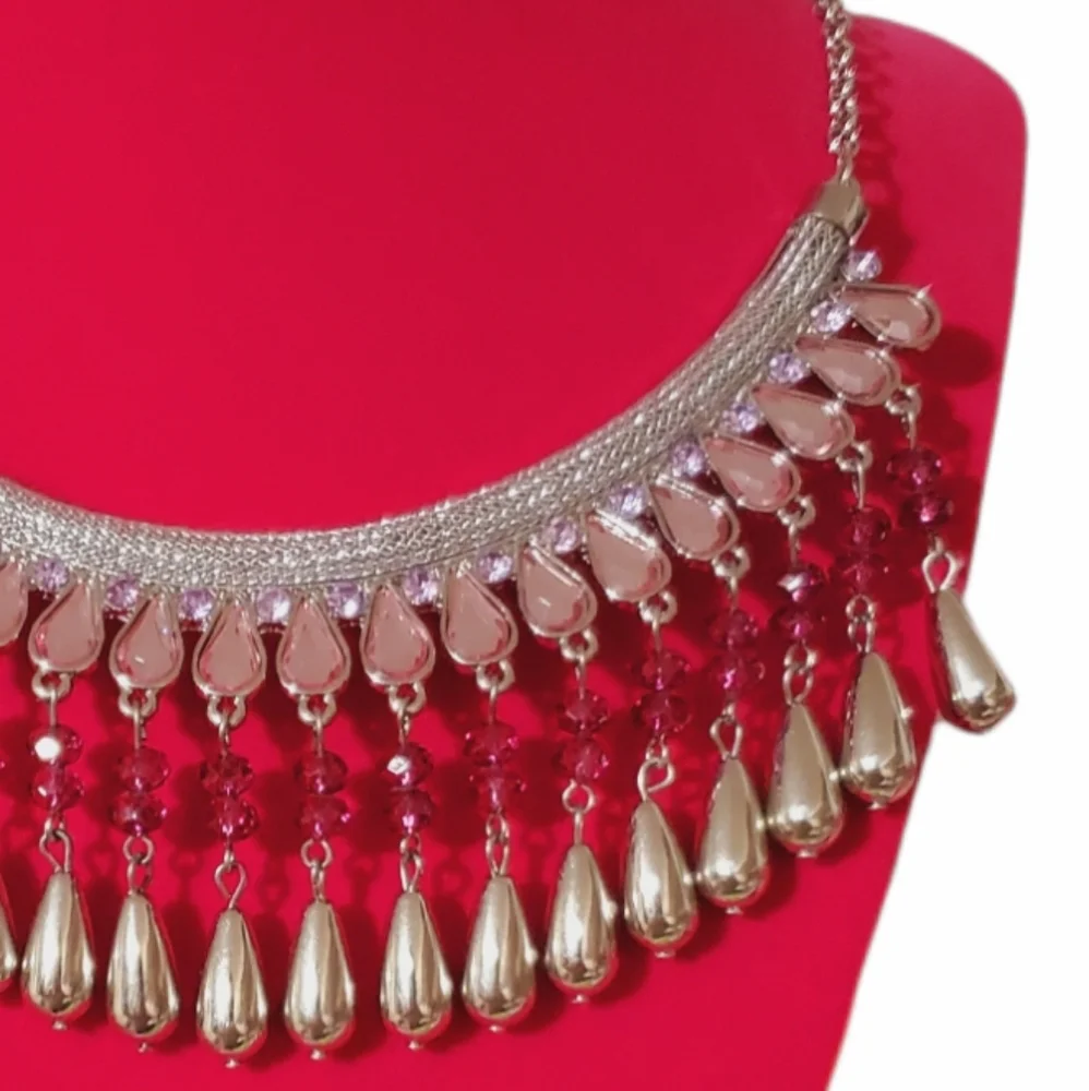 Big Bold Beautiful Pink Crystal Rhinestones Silver Teardrops Statement Necklace